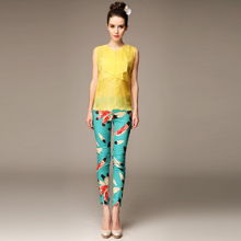 揭秘外贸原单 高端蓝色塔夫绸羽毛印染九分裤的批发魅力